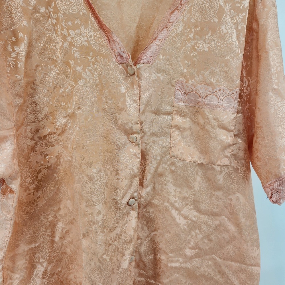 Elizabeth Lauren Peach Floral Jacquard Lace Trim Sleep Shirt Nightgown Large
